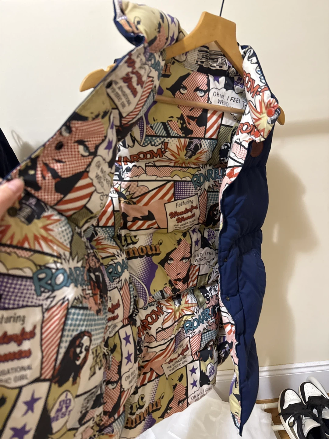 Blue Puffer Vest with Comic Print Lining - photo 2