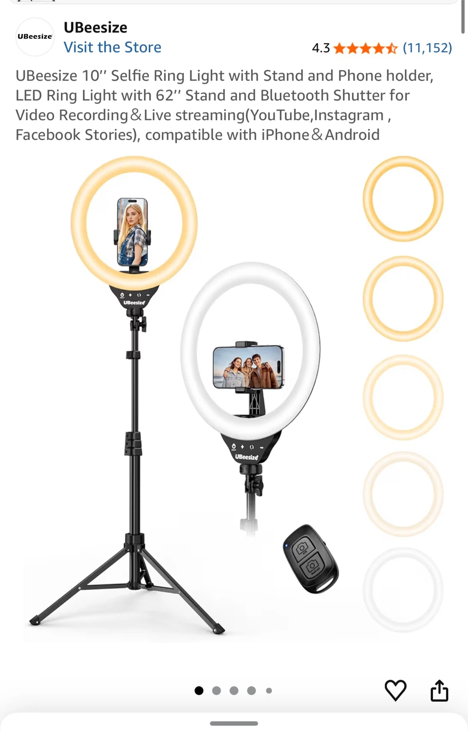 Ubeesize 10" Selfie Ring Light with 62" Stand & Phone Holder