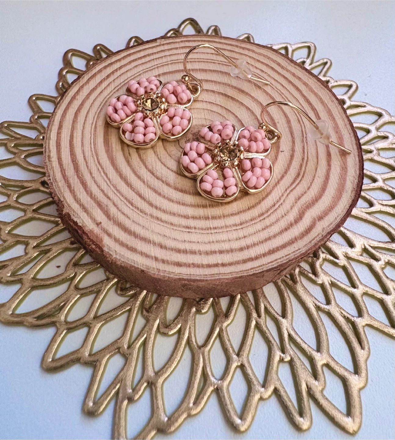 Pink Beaded Flower Earrings🏆 - photo 2