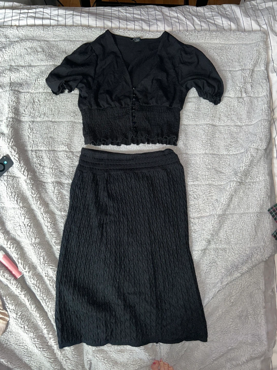 Black Textured Cropped Top & Midi Skirt Set