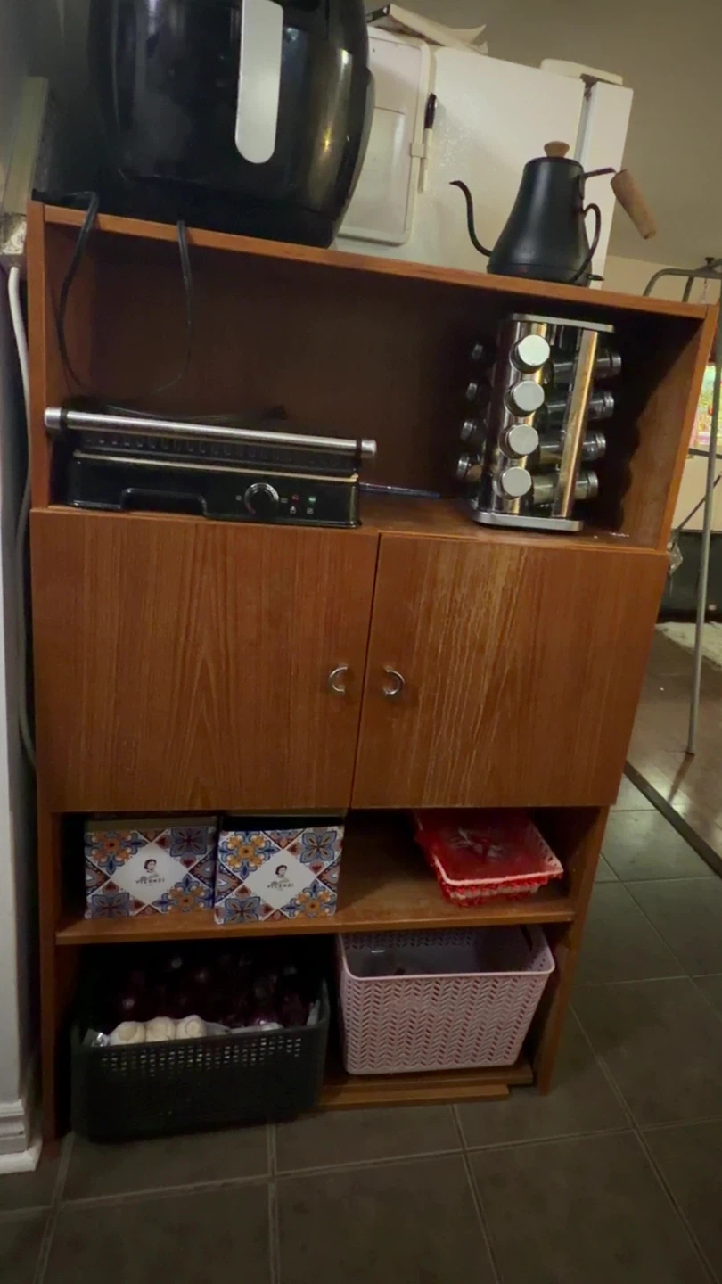 Wooden Shelf with Kitchen Appliances and Storage