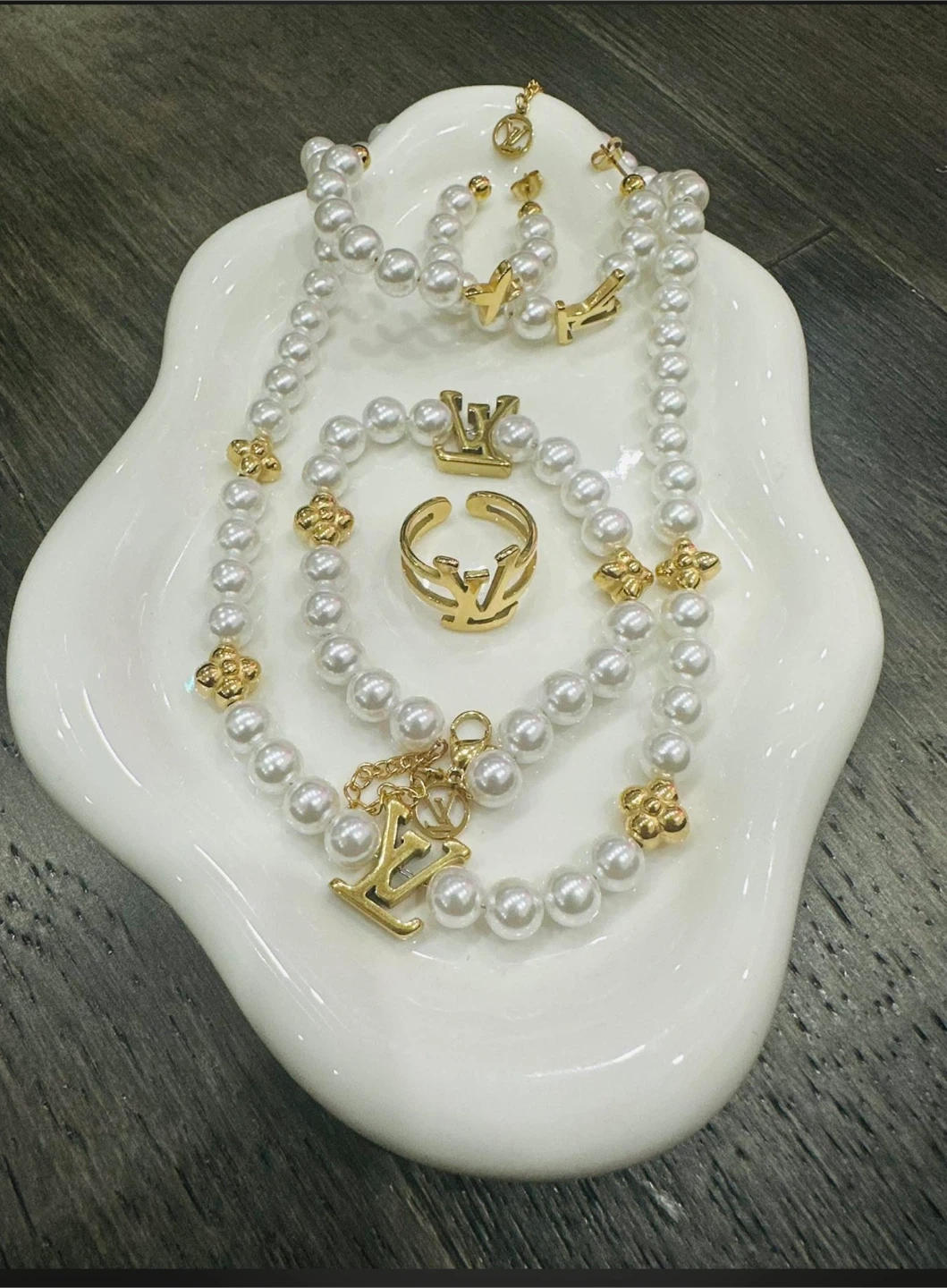 Pearl Necklace, Bracelet, Ring and Earring Set