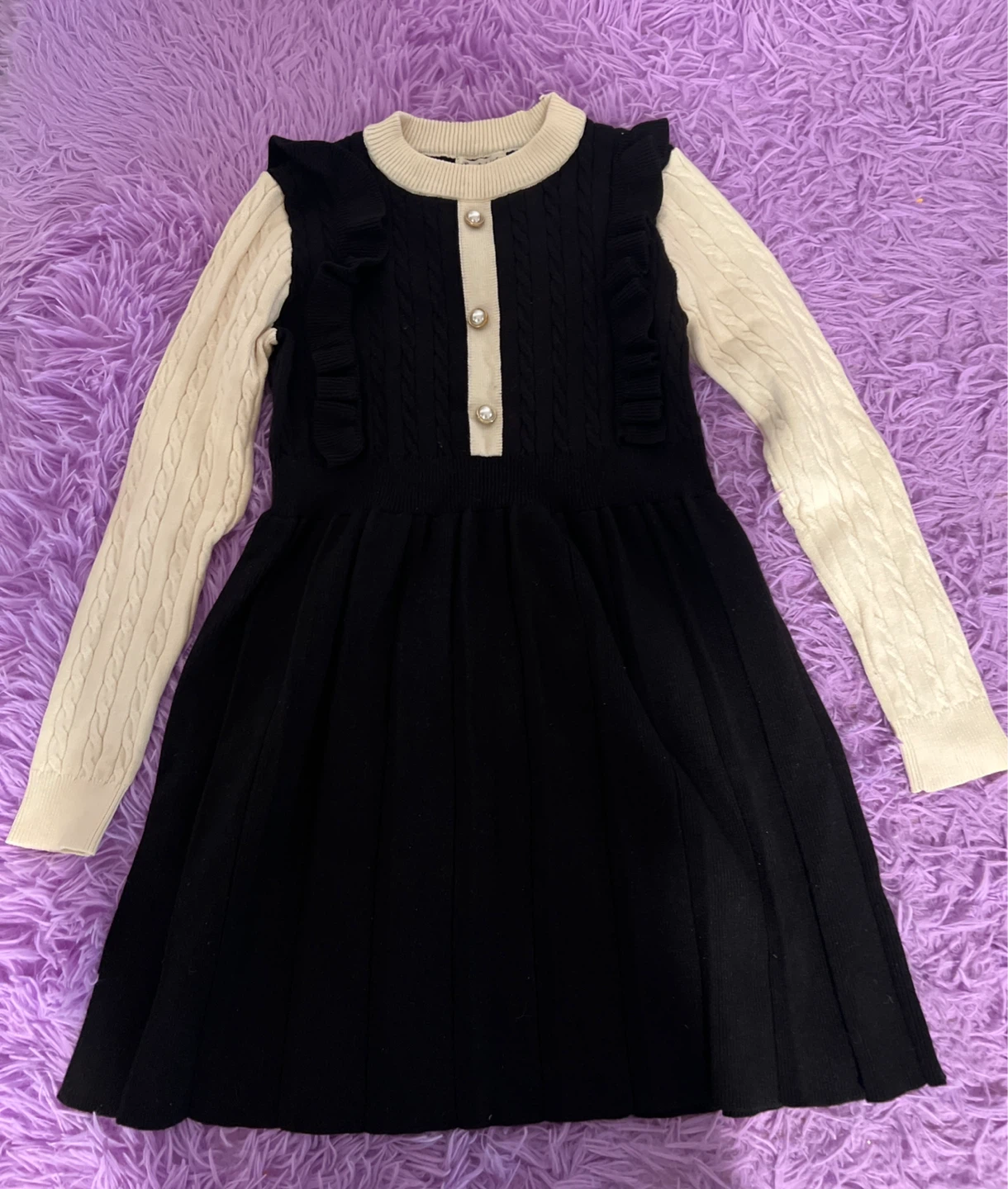 Girls Black & Cream Cable Knit Sweater Dress
