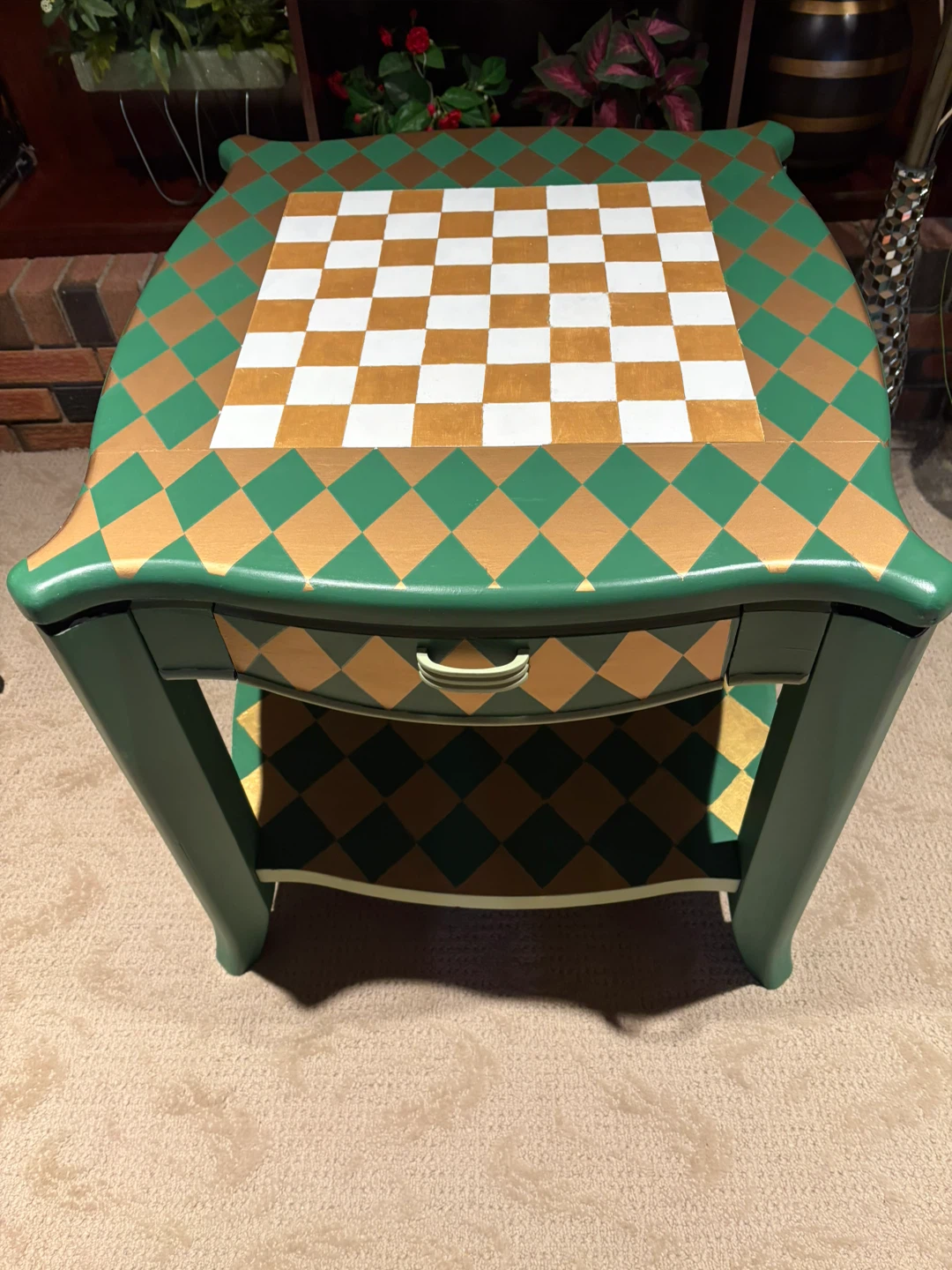 Hand-Painted Checker/ Chessboard Side Table with Drawer