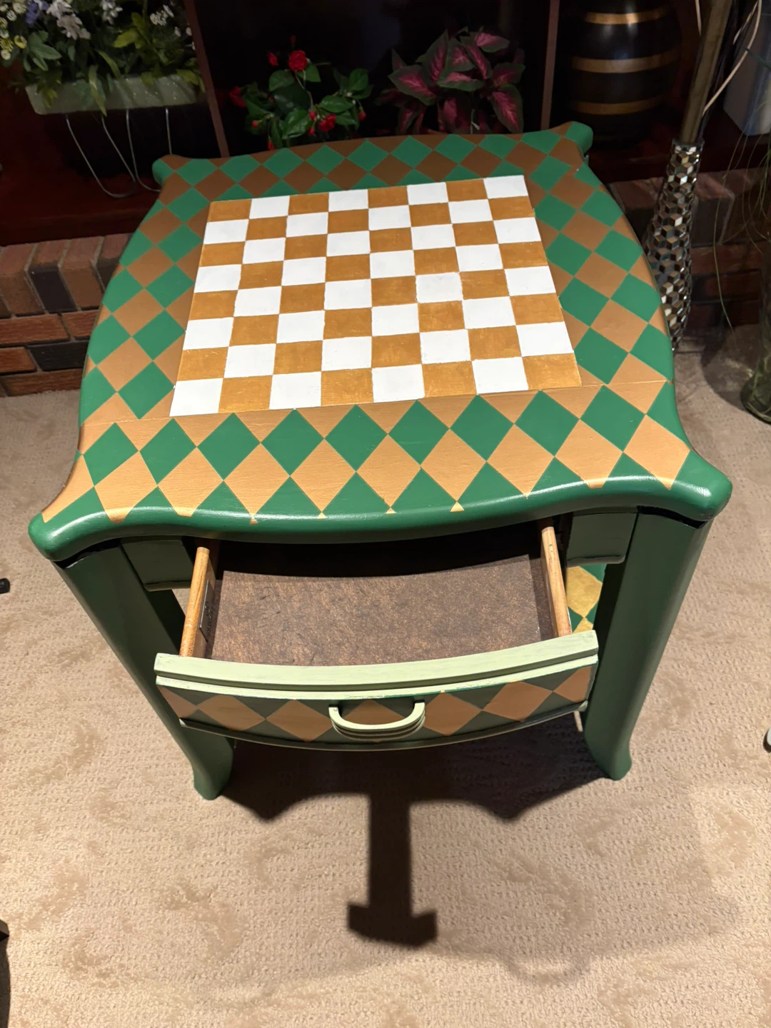 Hand-Painted Checker/ Chessboard Side Table with Drawer - photo 3
