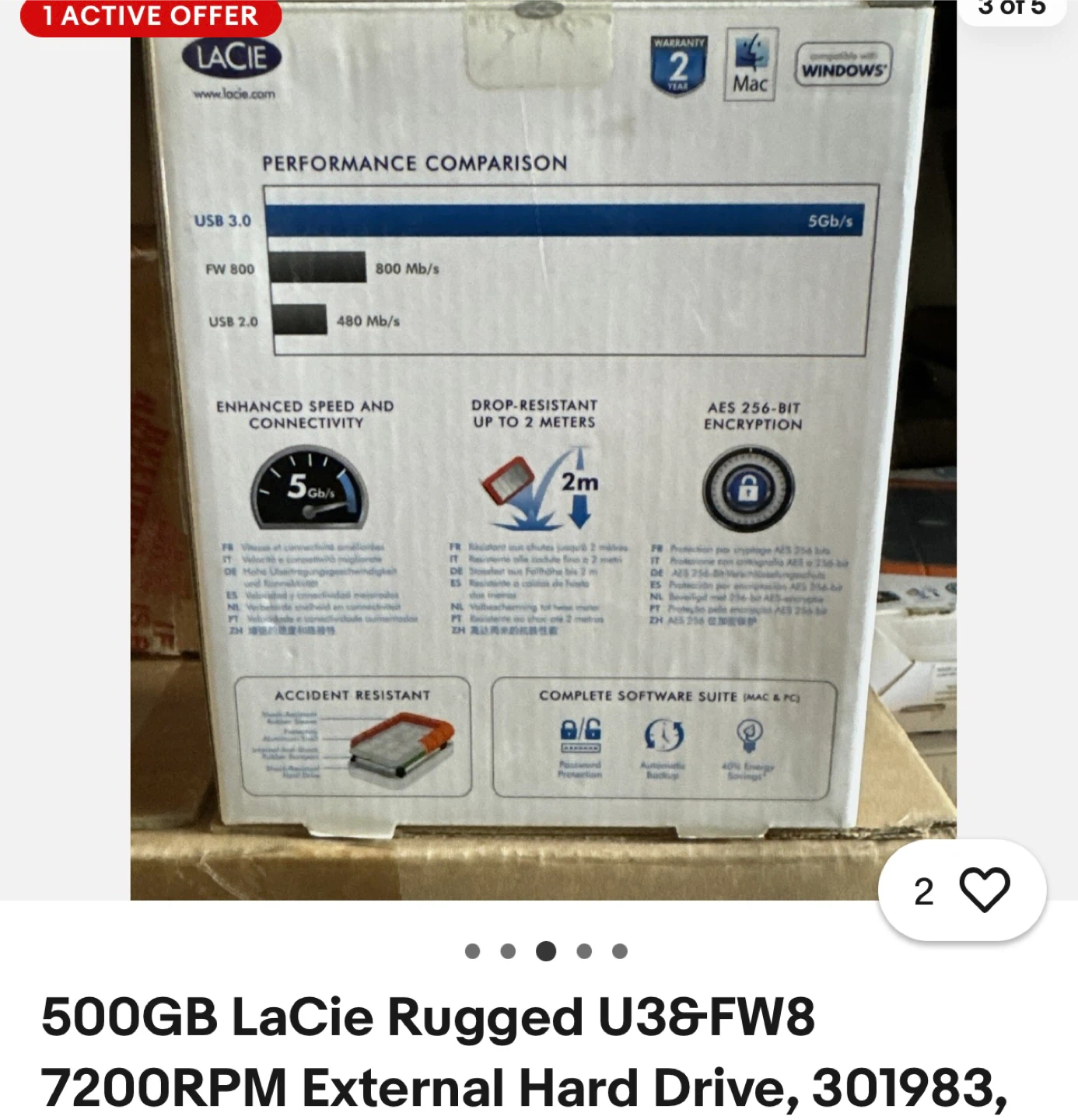 500GB LaCie Rugged U3&FW8 7200RPM External Hard Drive - photo 2