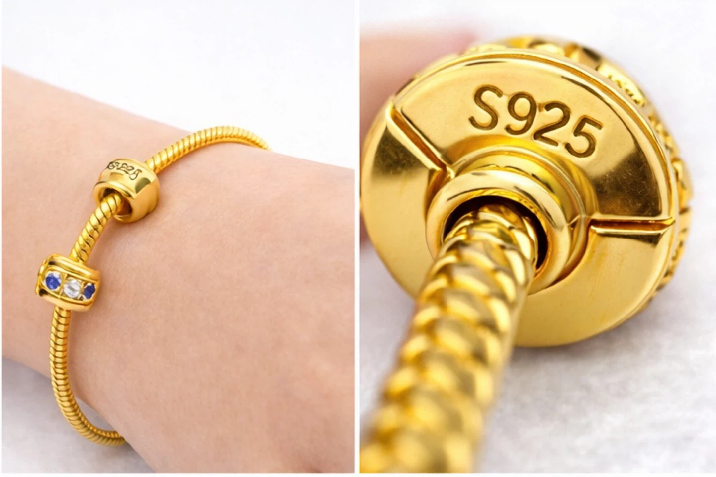 Gold Charm Bracelet with Blue and Clear Stones s925 mark - photo 2