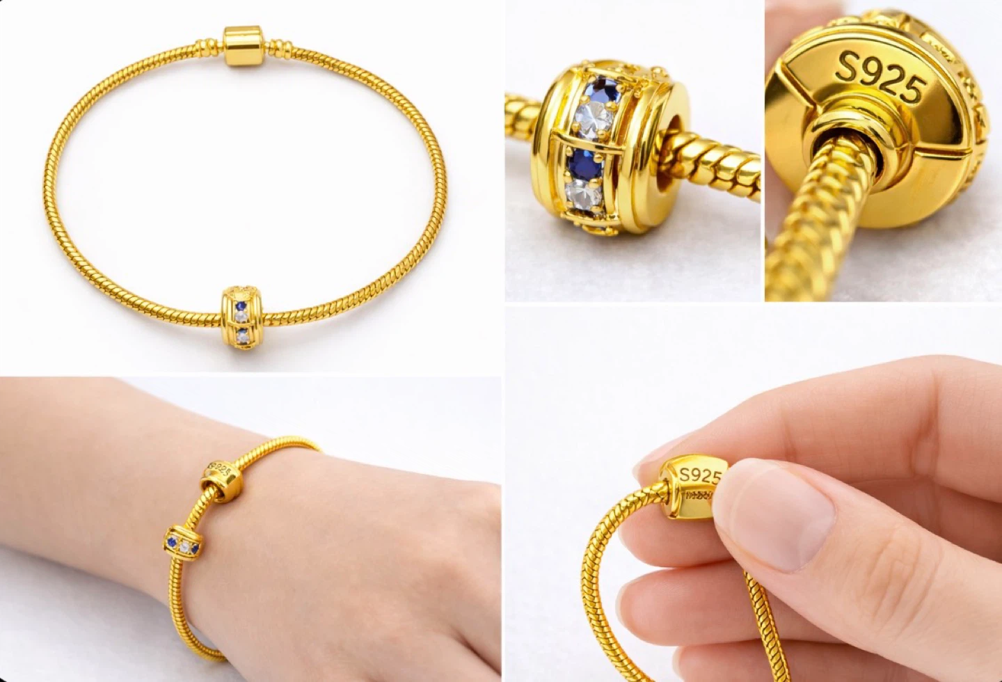 Gold Charm Bracelet with Blue and Clear Stones s925 mark