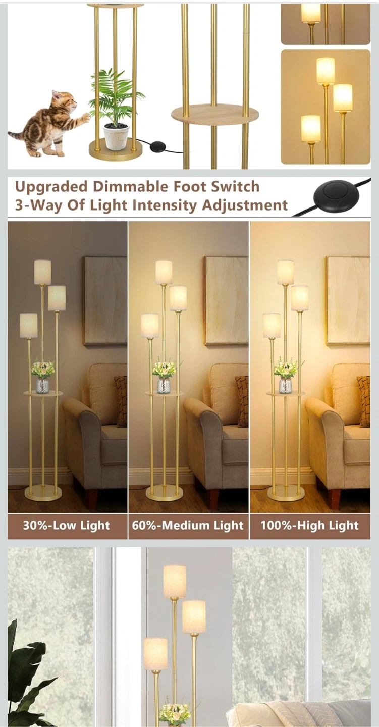 Gold 3-Light Floor Lamp with Shelf - photo 2