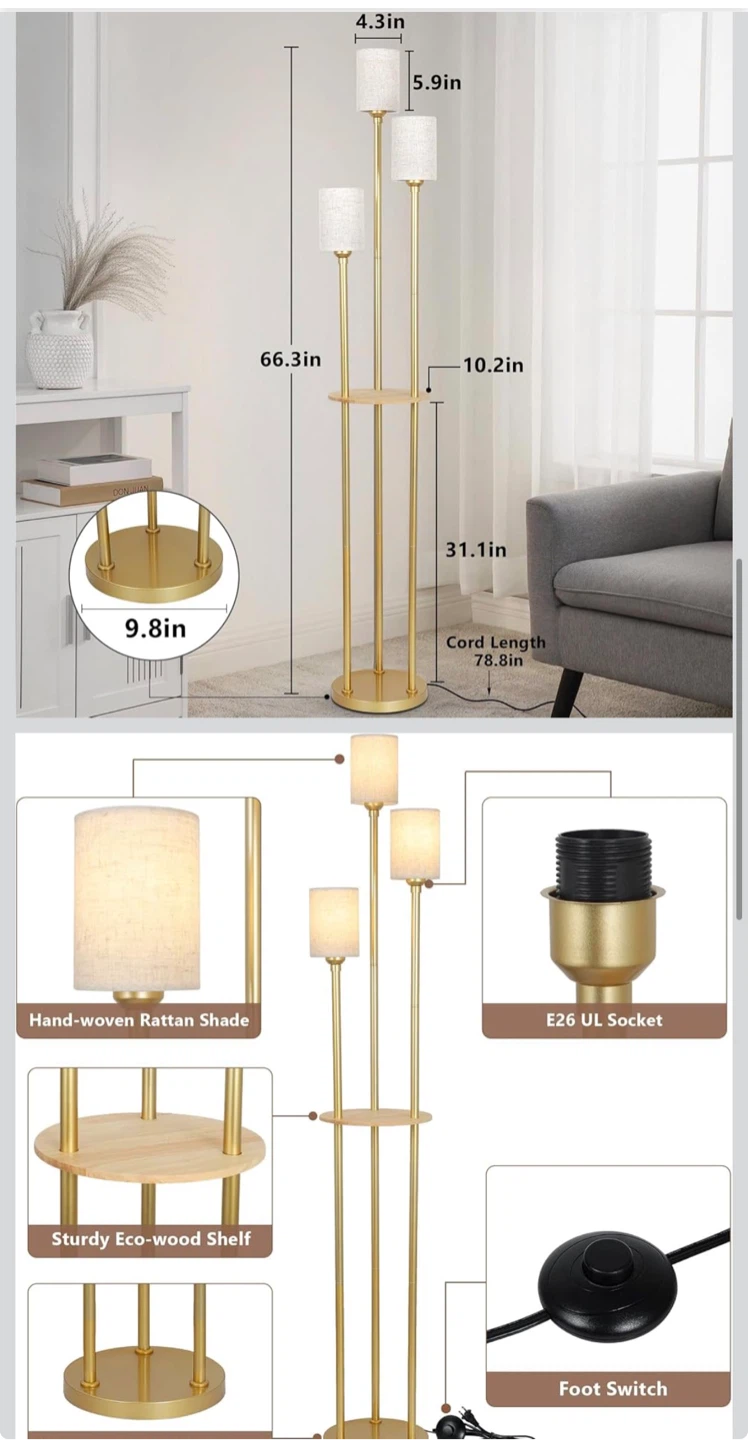 Gold 3-Light Floor Lamp with Shelf
