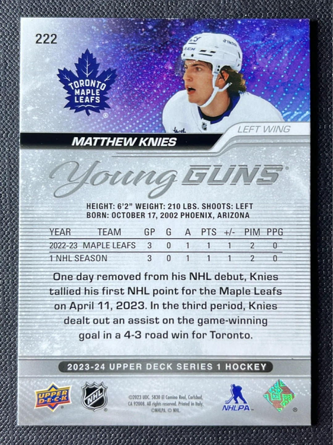 Upper Deck Matthew Knies Young Guns Rookie Card - photo 2