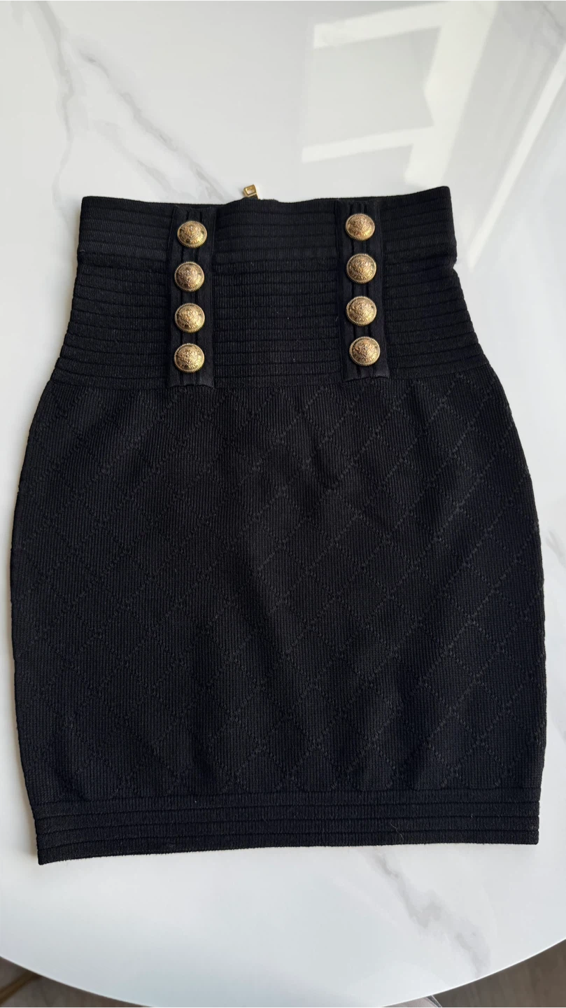 Authentic Balmain Black Knit Skirt with Gold Buttons