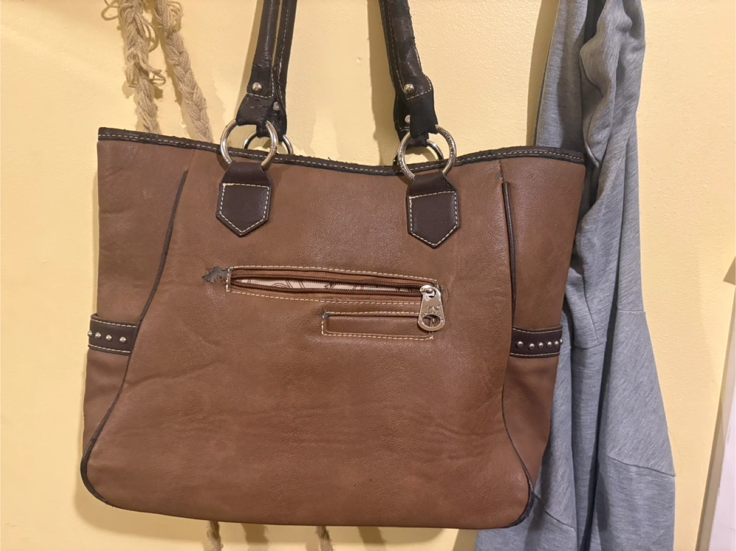 Brown Faux Leather Tote Bag with Cross Embellishment - photo 2
