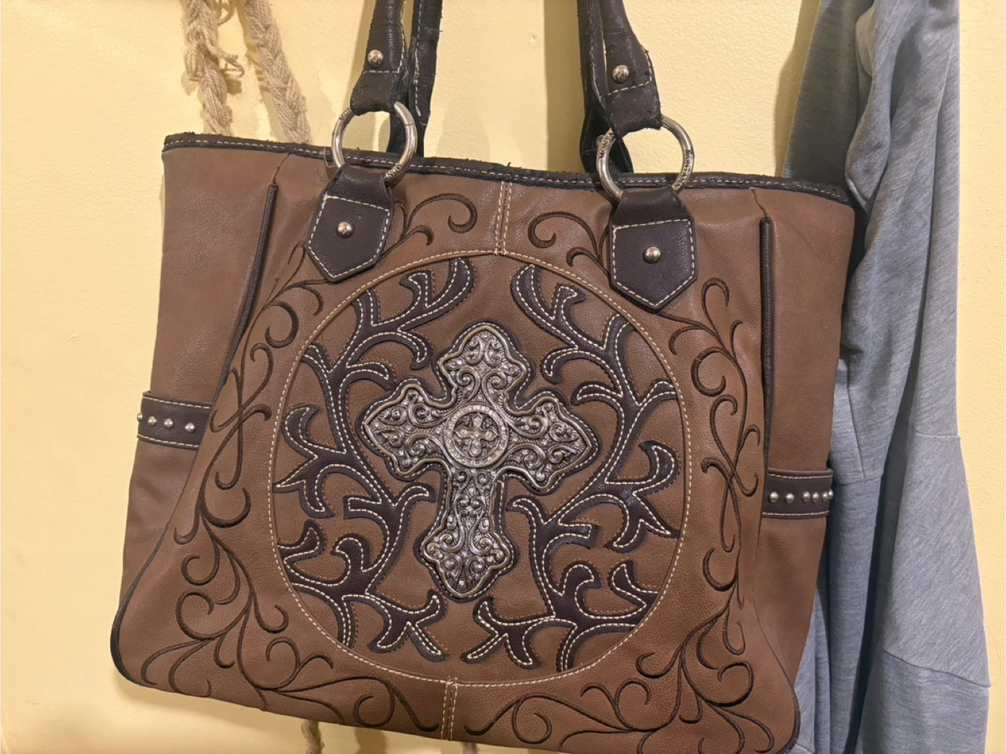 Brown Faux Leather Tote Bag with Cross Embellishment