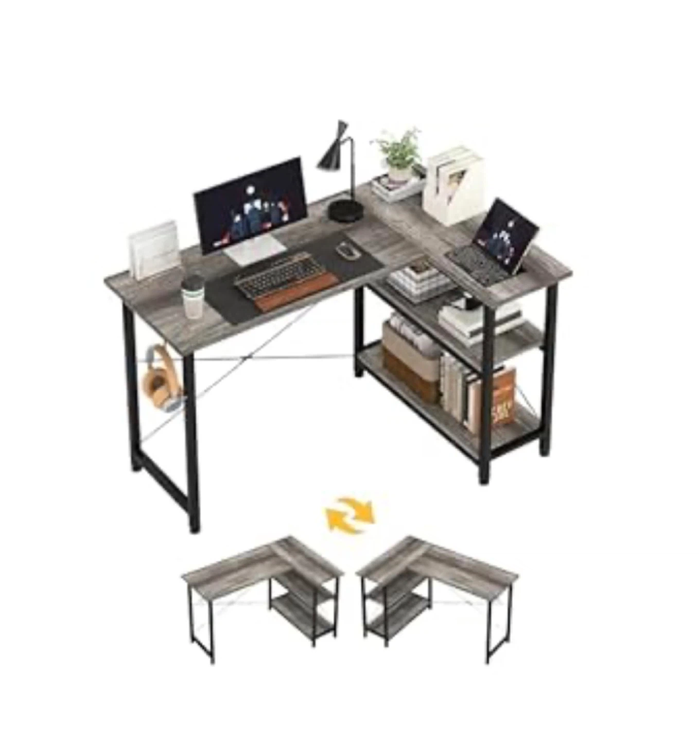 Grey L-Shaped Corner Desk with Shelves