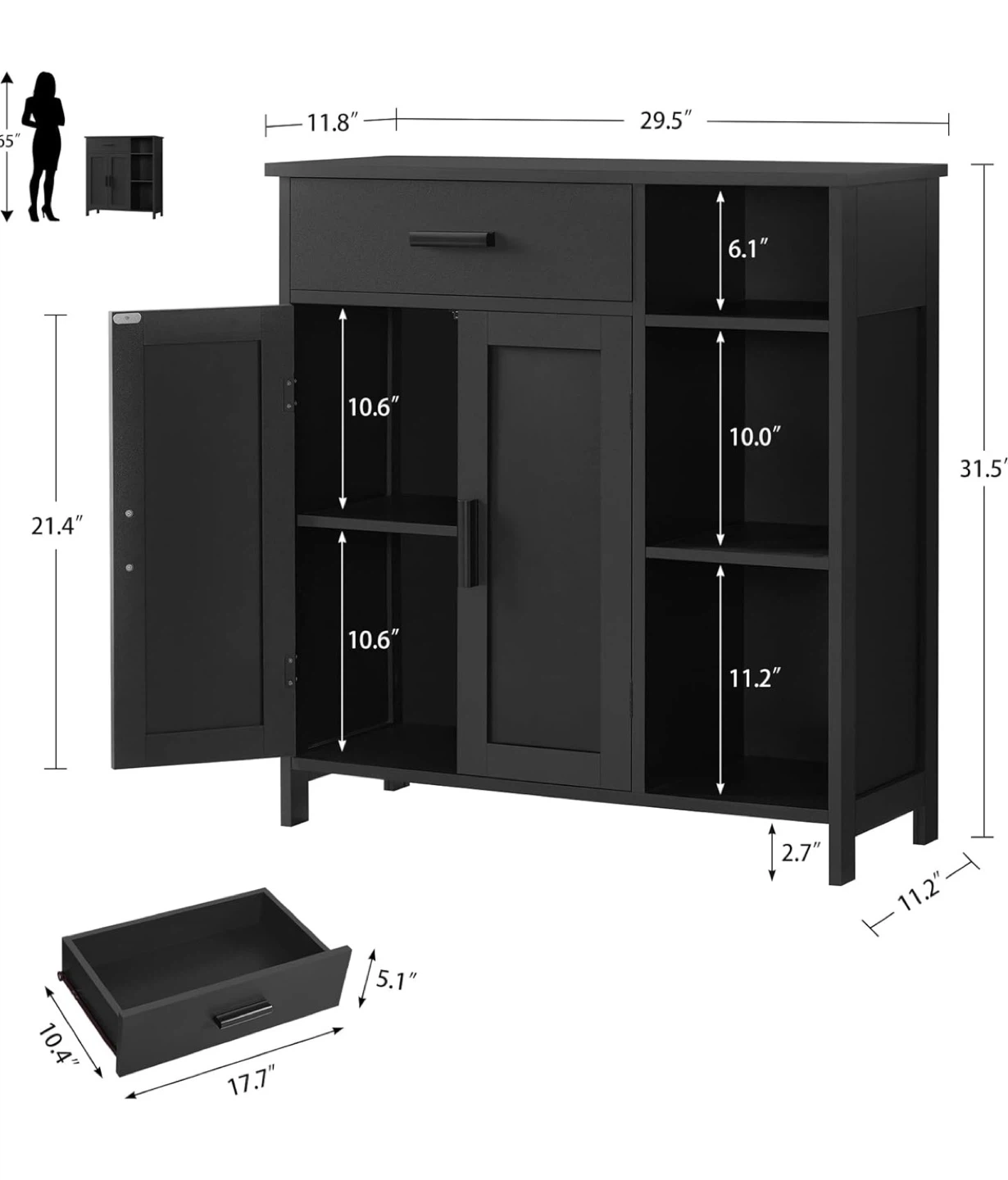 Black Bathroom Storage Cabinet with Drawer and Shelves