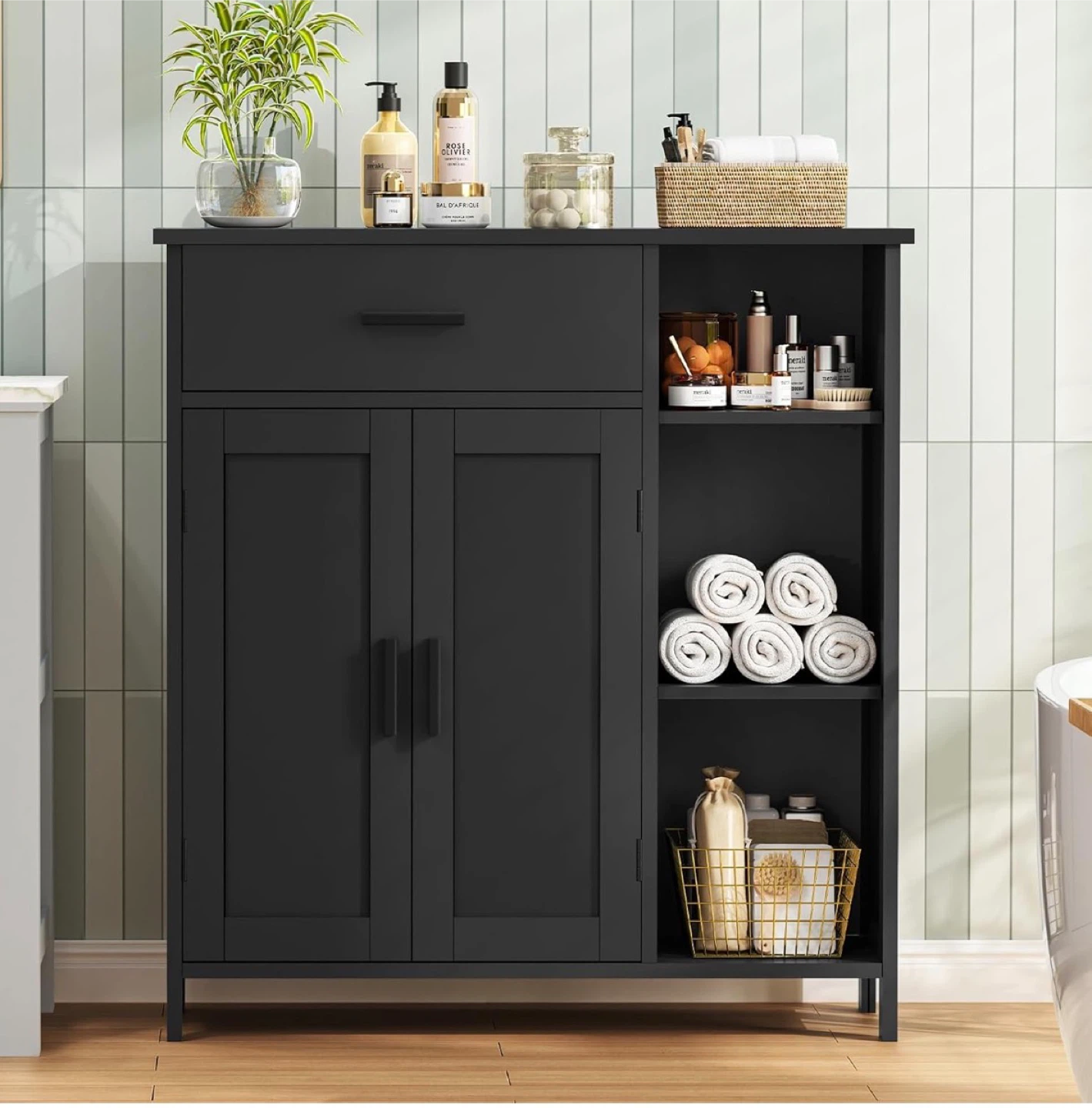 Black Bathroom Storage Cabinet with Drawer and Shelves - photo 2