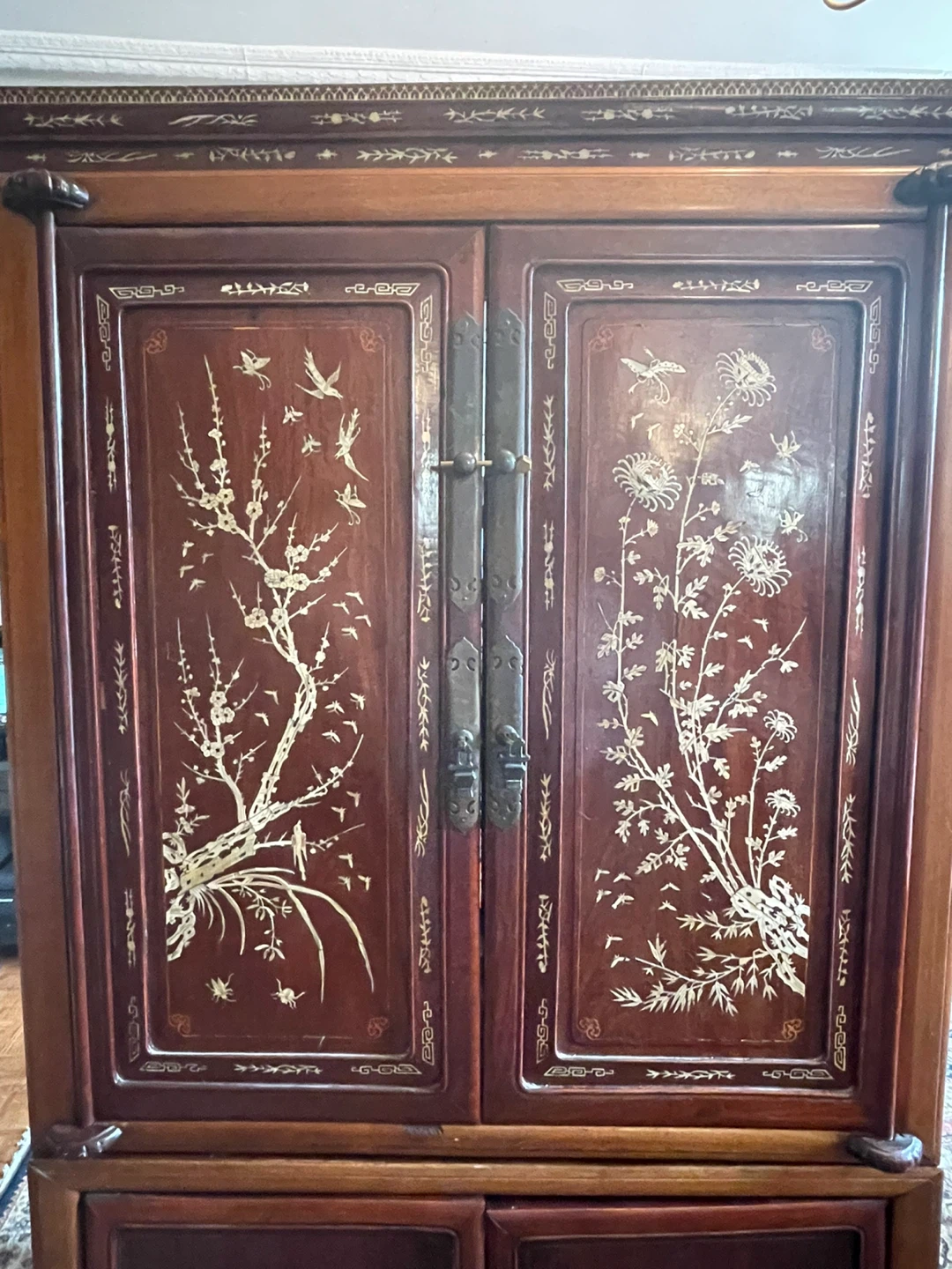 Antique Oriental Wooden Cabinet with Bone Inlay Doors - photo 2