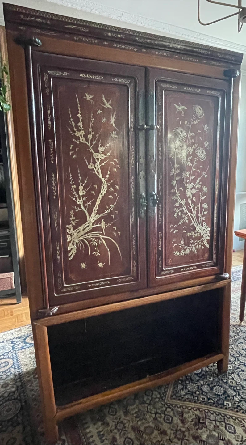 Antique Oriental Wooden Cabinet with Bone Inlay Doors - photo 4