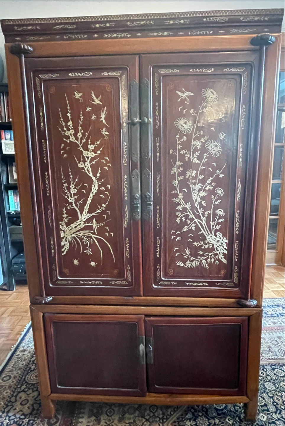 Antique Oriental Wooden Cabinet with Bone Inlay Doors