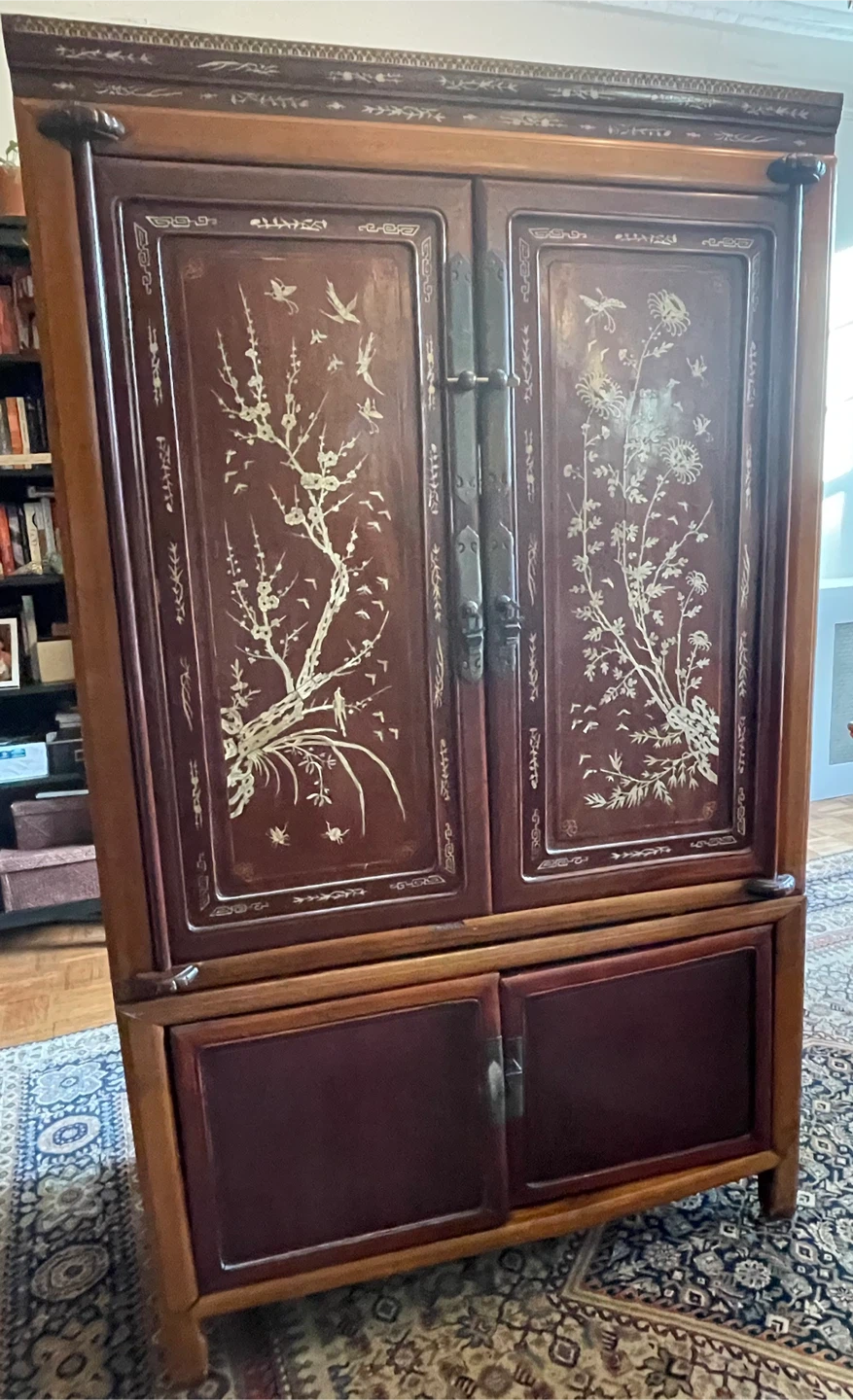 Antique Oriental Wooden Cabinet with Bone Inlay Doors - photo 3