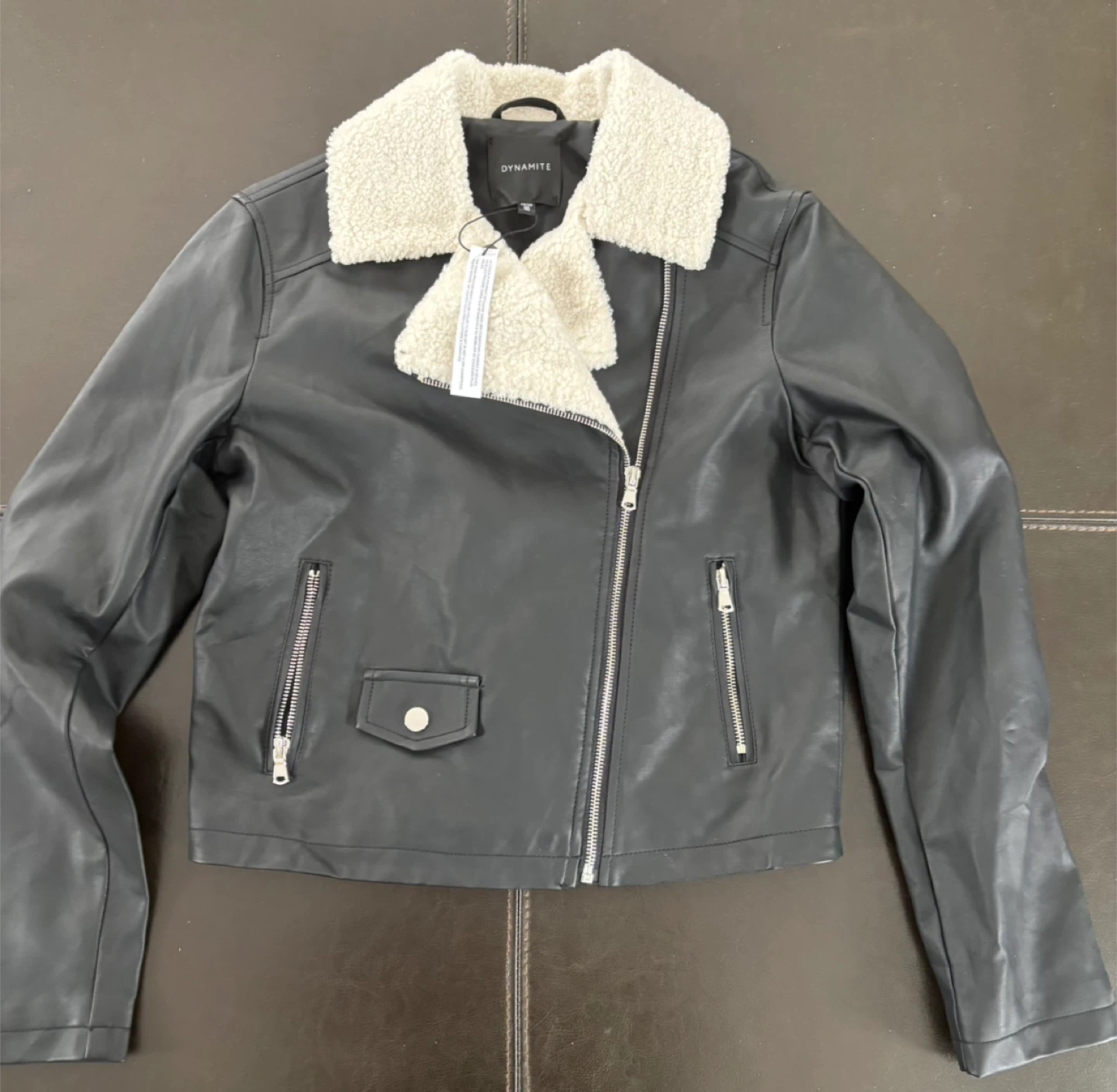DYNAMITE Black Faux Leather Moto Jacket with Sherpa Collar