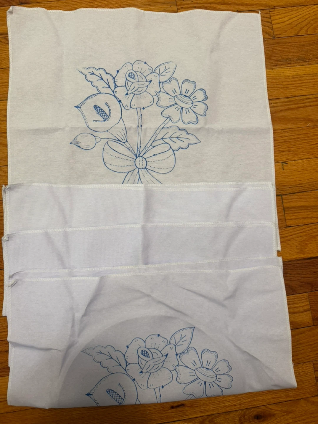 White Tea Towels with Blue Floral Embroidery