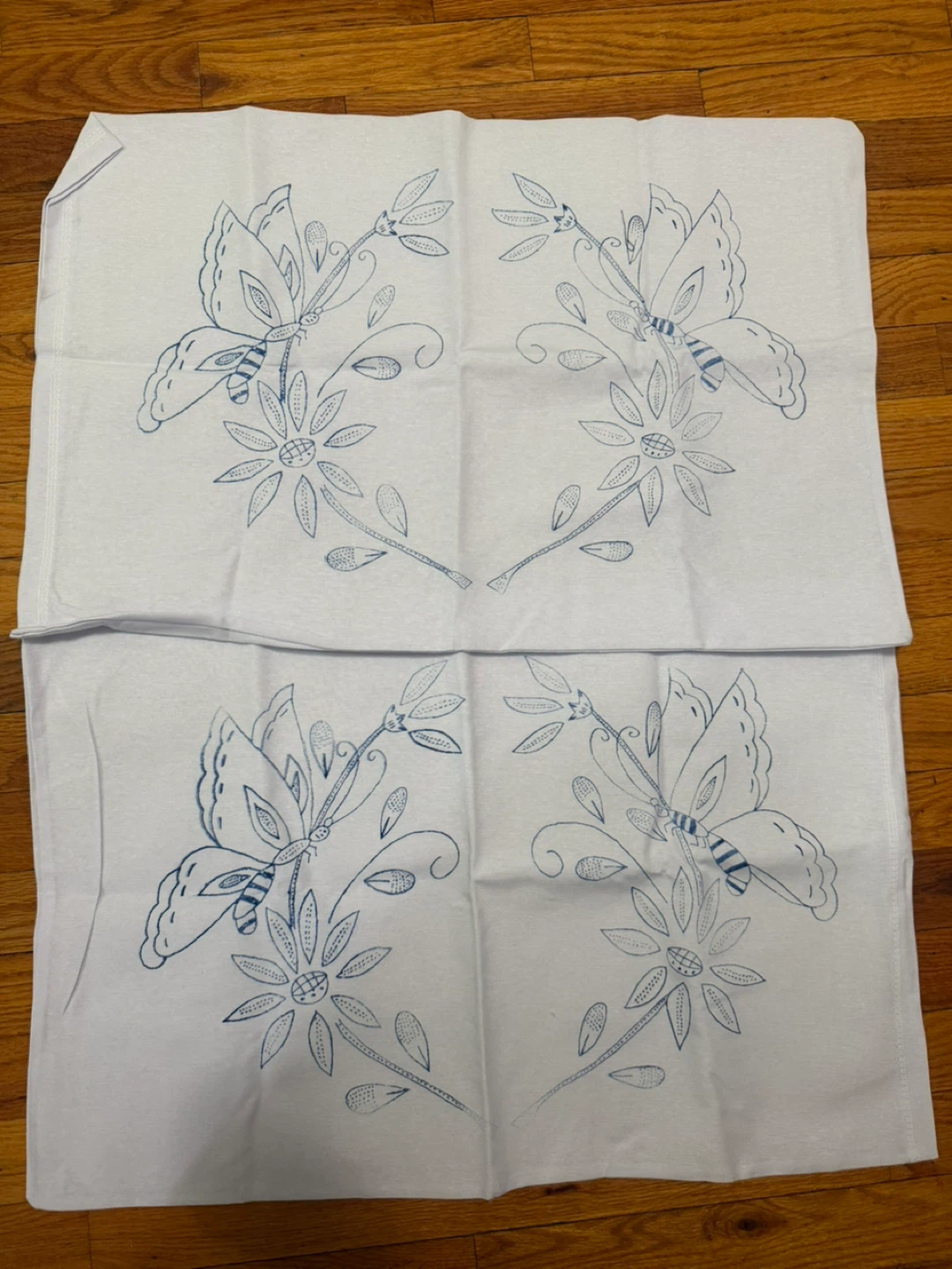 Set of 2 Blue Butterfly & Flower Embroidered Pillowcases