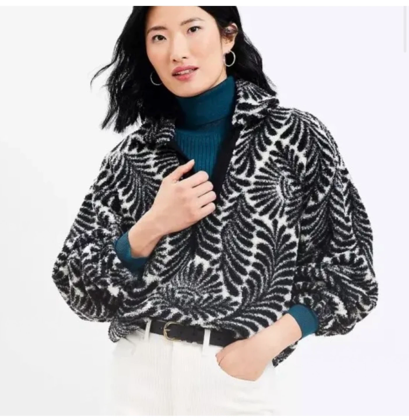 LOFT Black & White Pattern Fleece Pullover Jacket Size L