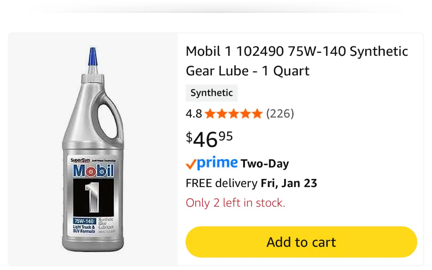 Mobil 1 Synthetic Gear Lube 75W-140 - 1 Quart