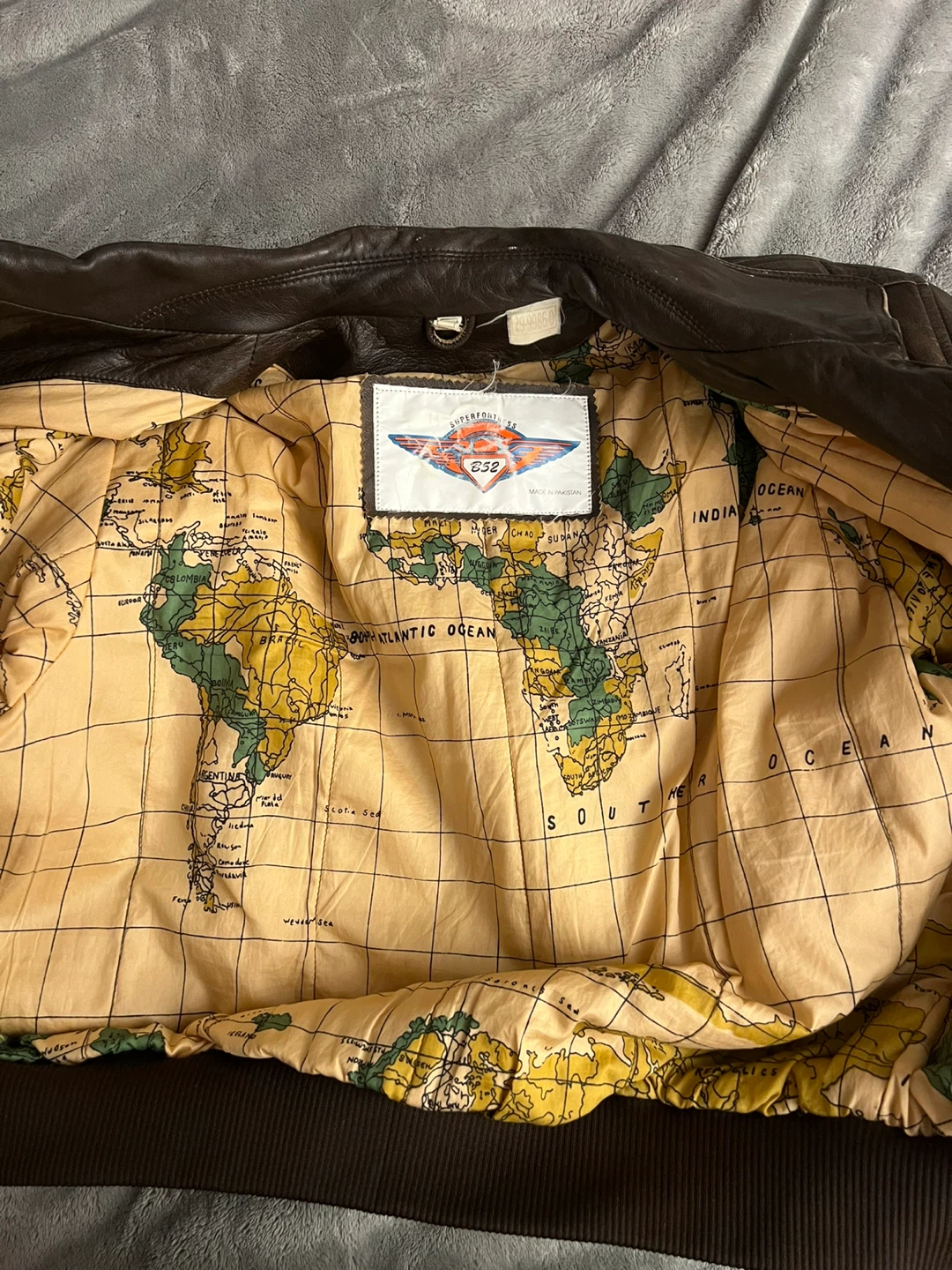 Brown Leather Bomber Jacket with World Map Lining