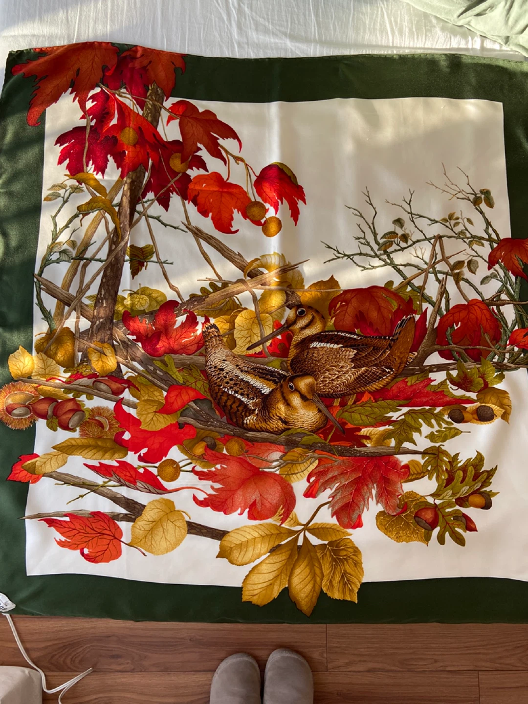 Mantero Silk Scarf Autumn Birds and Leaves 🏆 - photo 5