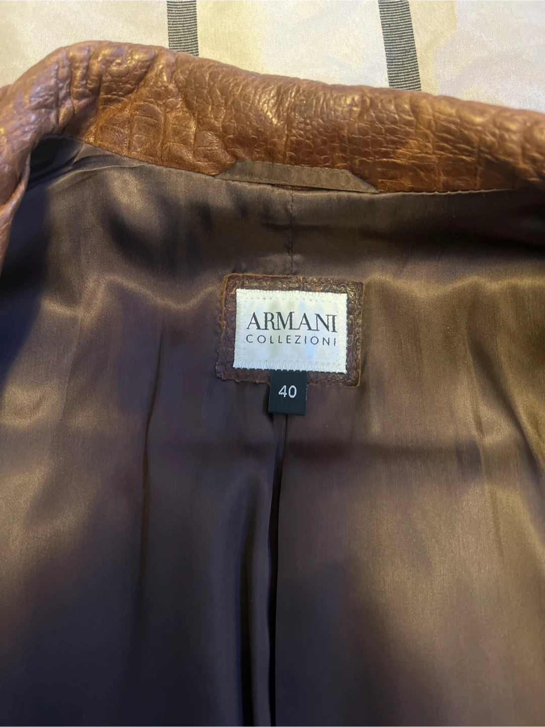 Armani Collezioni Brown Croc Embossed Leather Jacket Size 40
