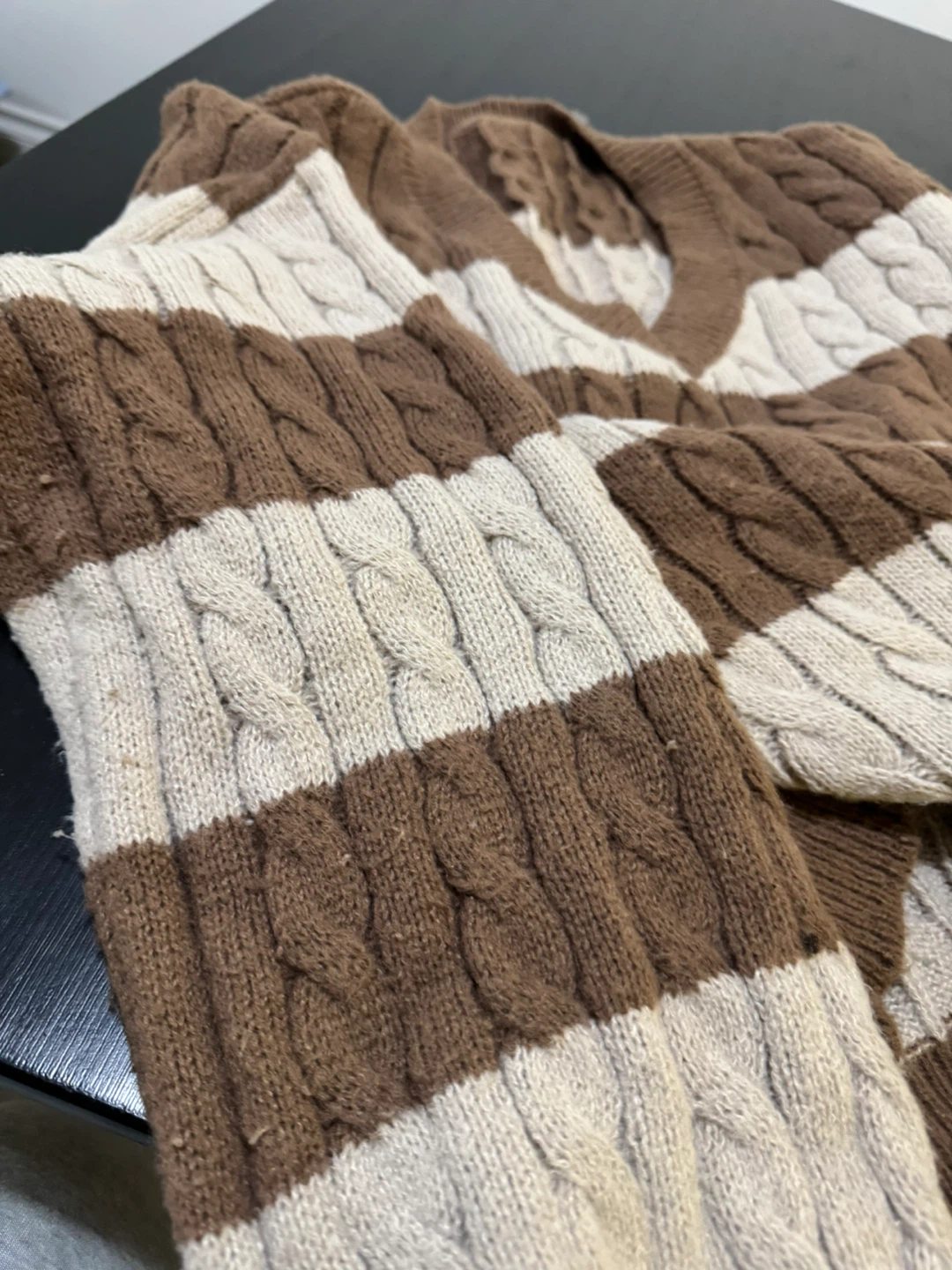 Brown and Cream Striped Cable Knit Sweater - photo 4