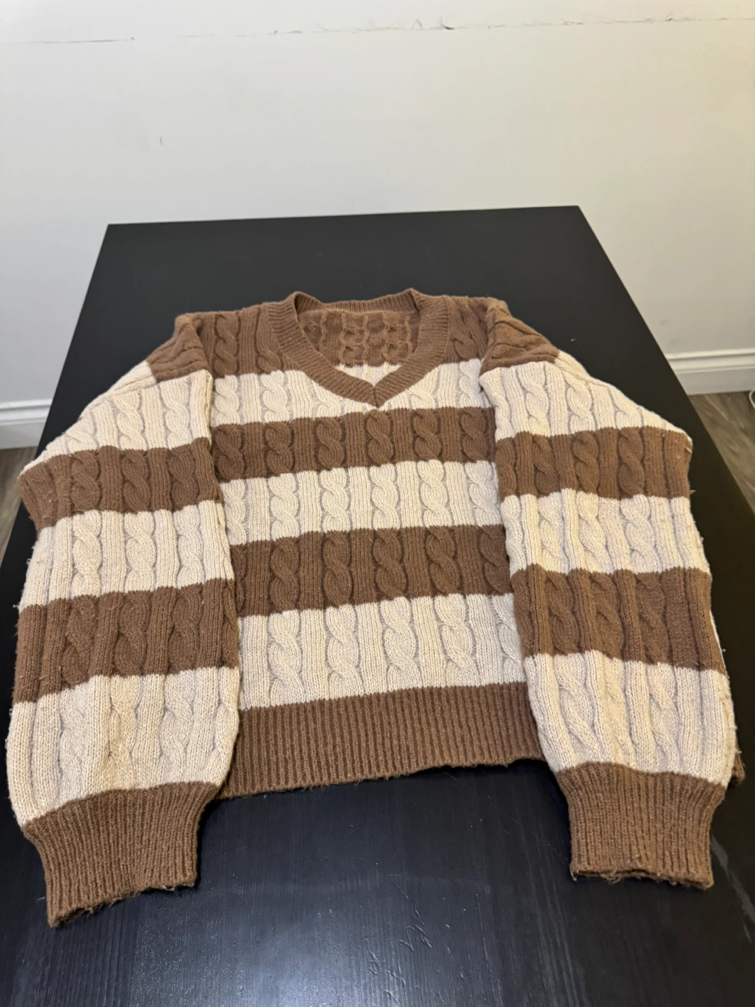 Brown and Cream Striped Cable Knit Sweater