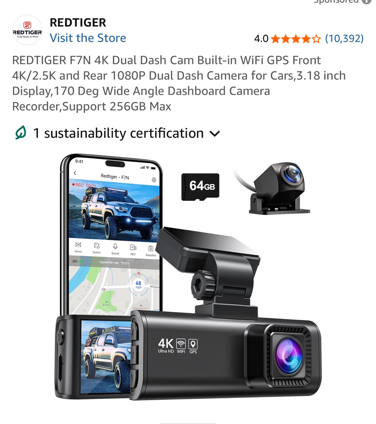 RED TIGER F7N 4K Dash Cam with GPS