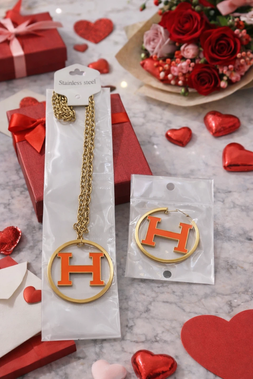 Gold Tone Necklace and Hoop Earrings Set with Orange 'H' Logo - photo 3