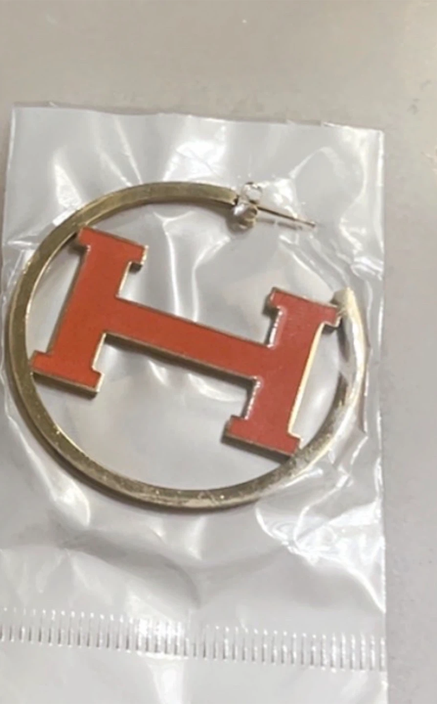 Gold Tone Necklace and Hoop Earrings Set with Orange 'H' Logo - photo 4