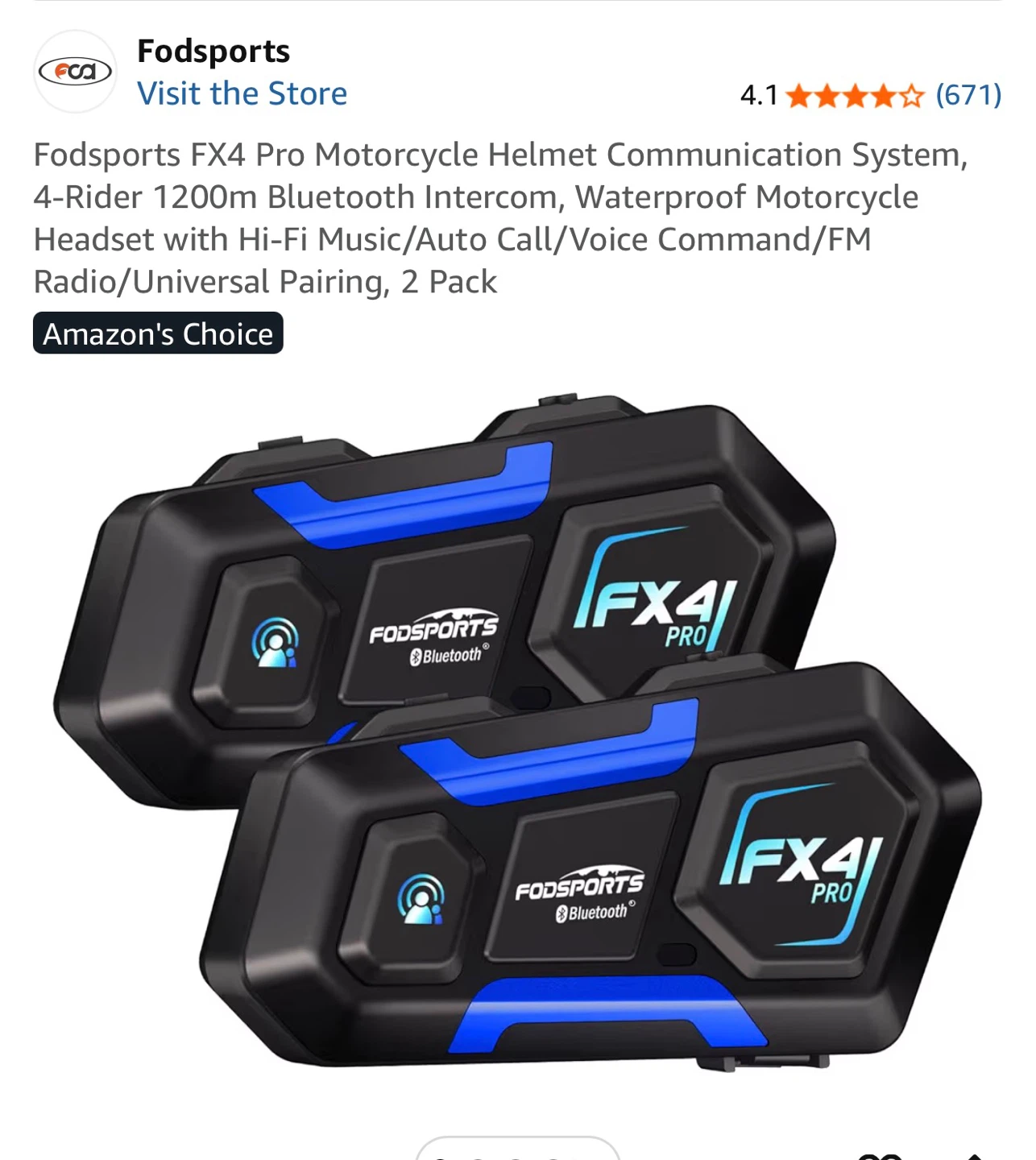 Fodsports FX4 PRO Motorcycle Helmet Communication System 2 Pack