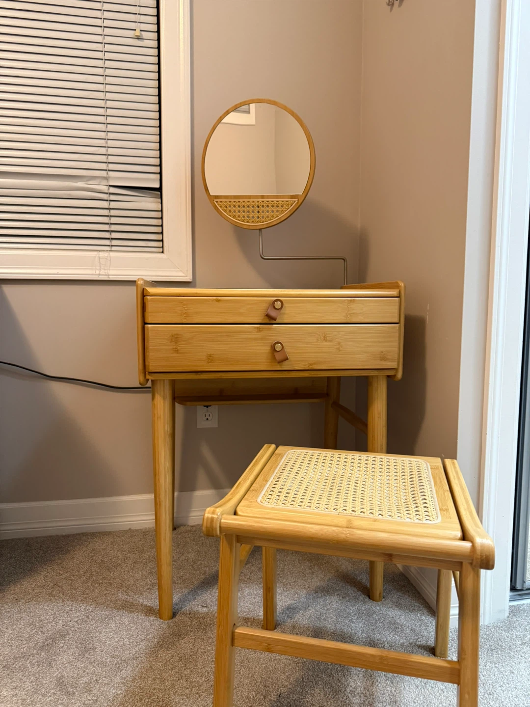 Bamboo Vanity Table with Mirror and Stool - photo 2