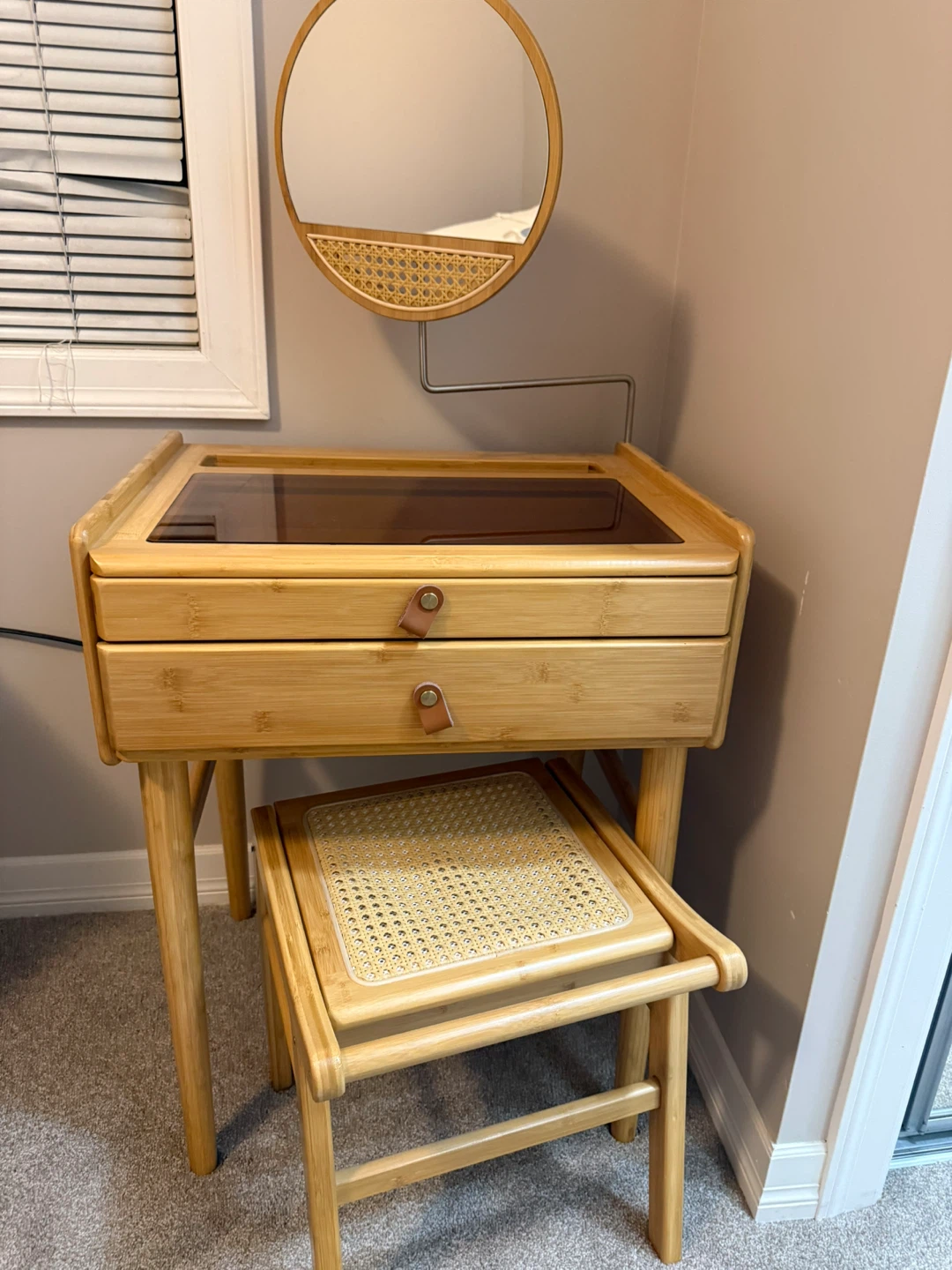 Bamboo Vanity Table with Mirror and Stool