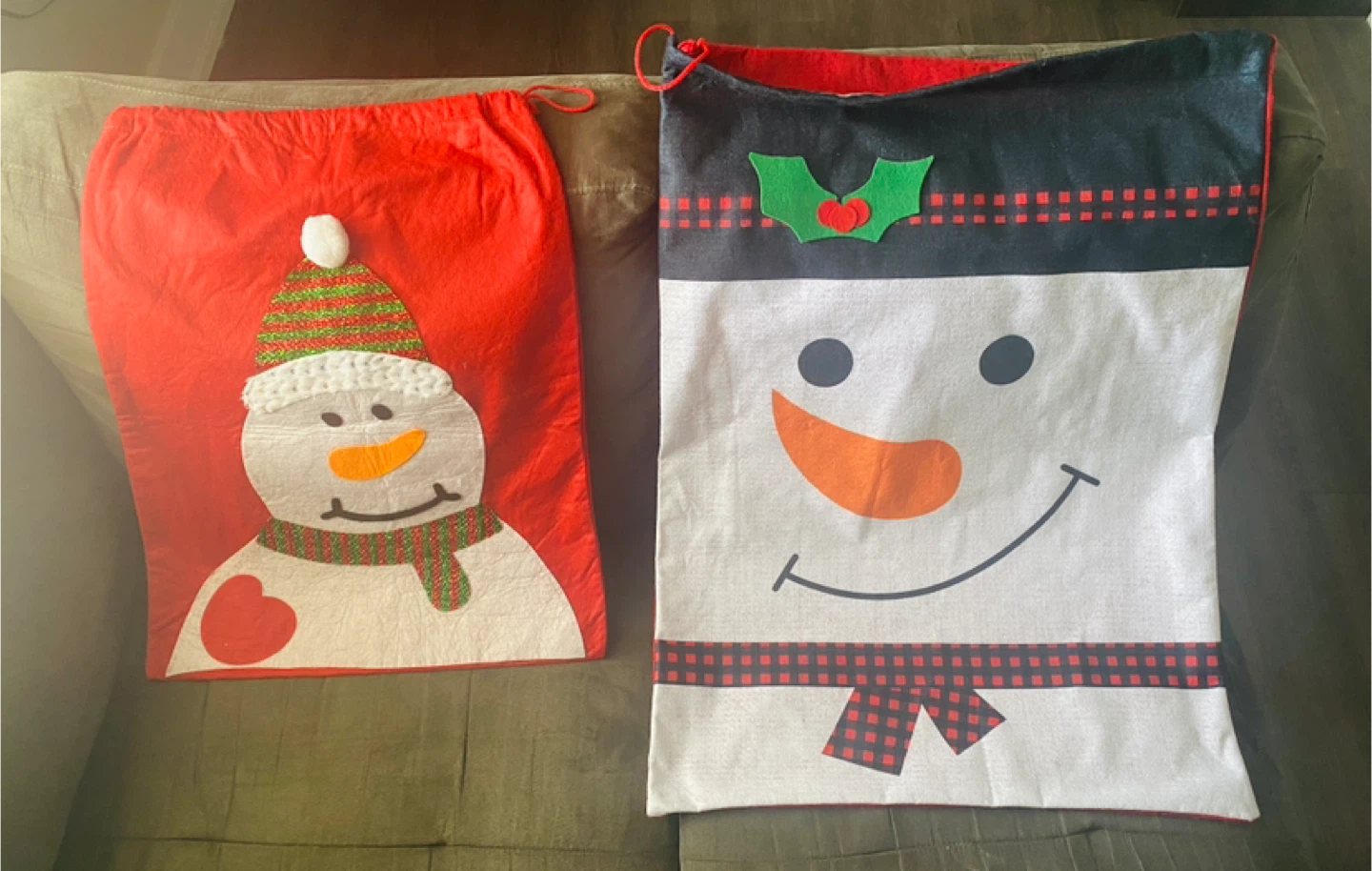 2 Christmas Gift Sacks – Snowman Designs – Good Condition