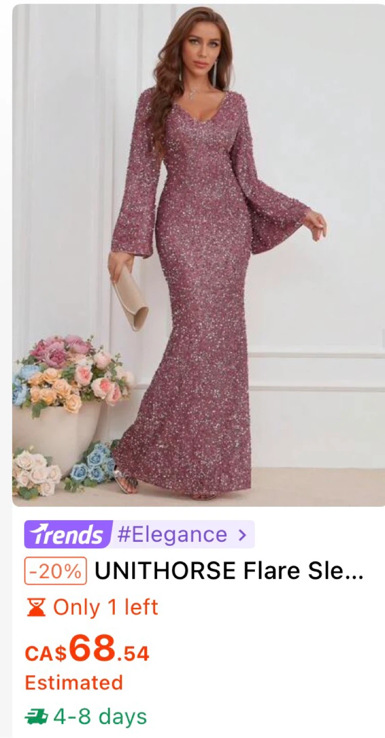 UNITHORSE Pink Sequin Flare Sleeve Gown