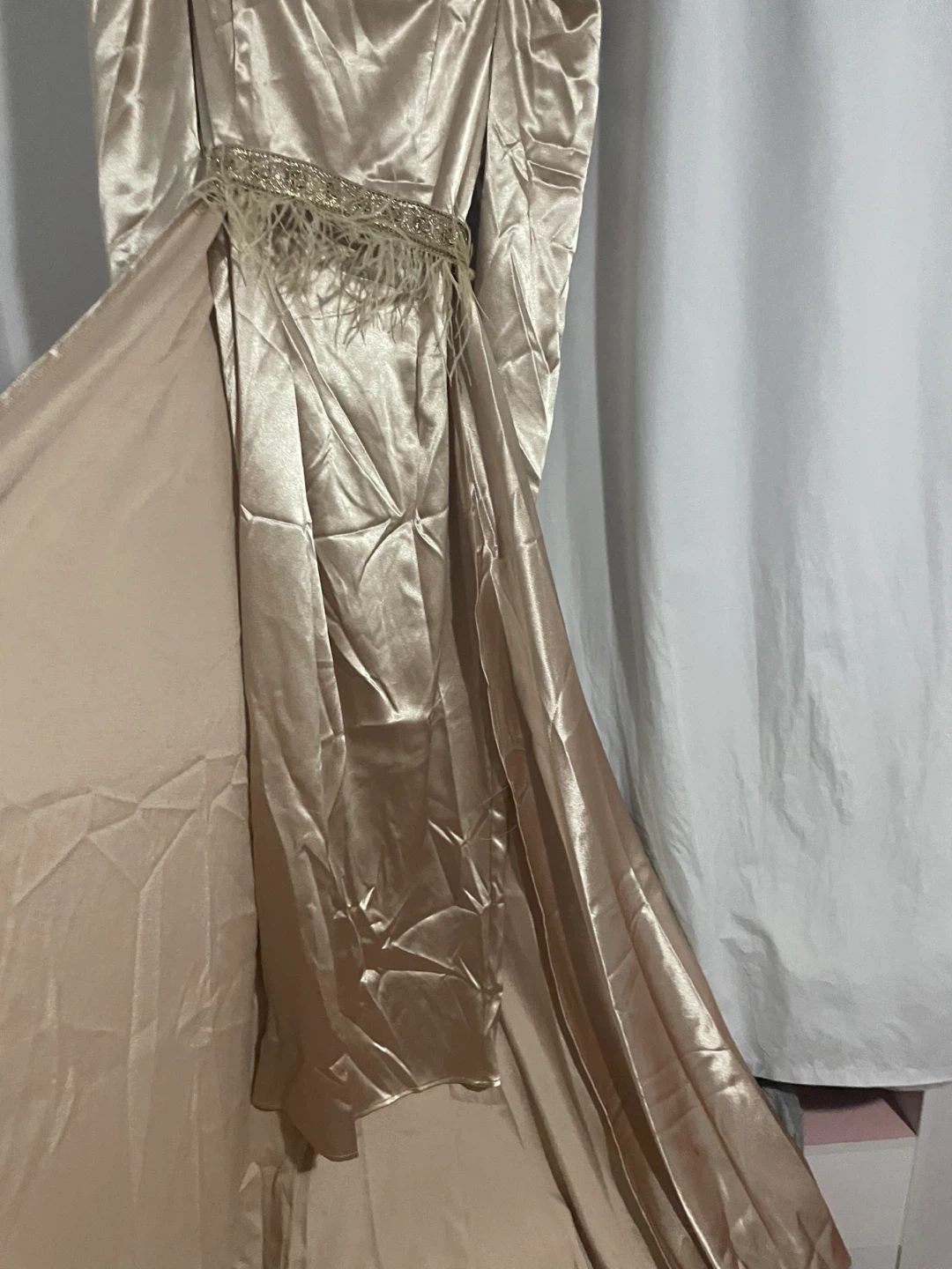 Champagne Satin Gown with Feather Belt - photo 3