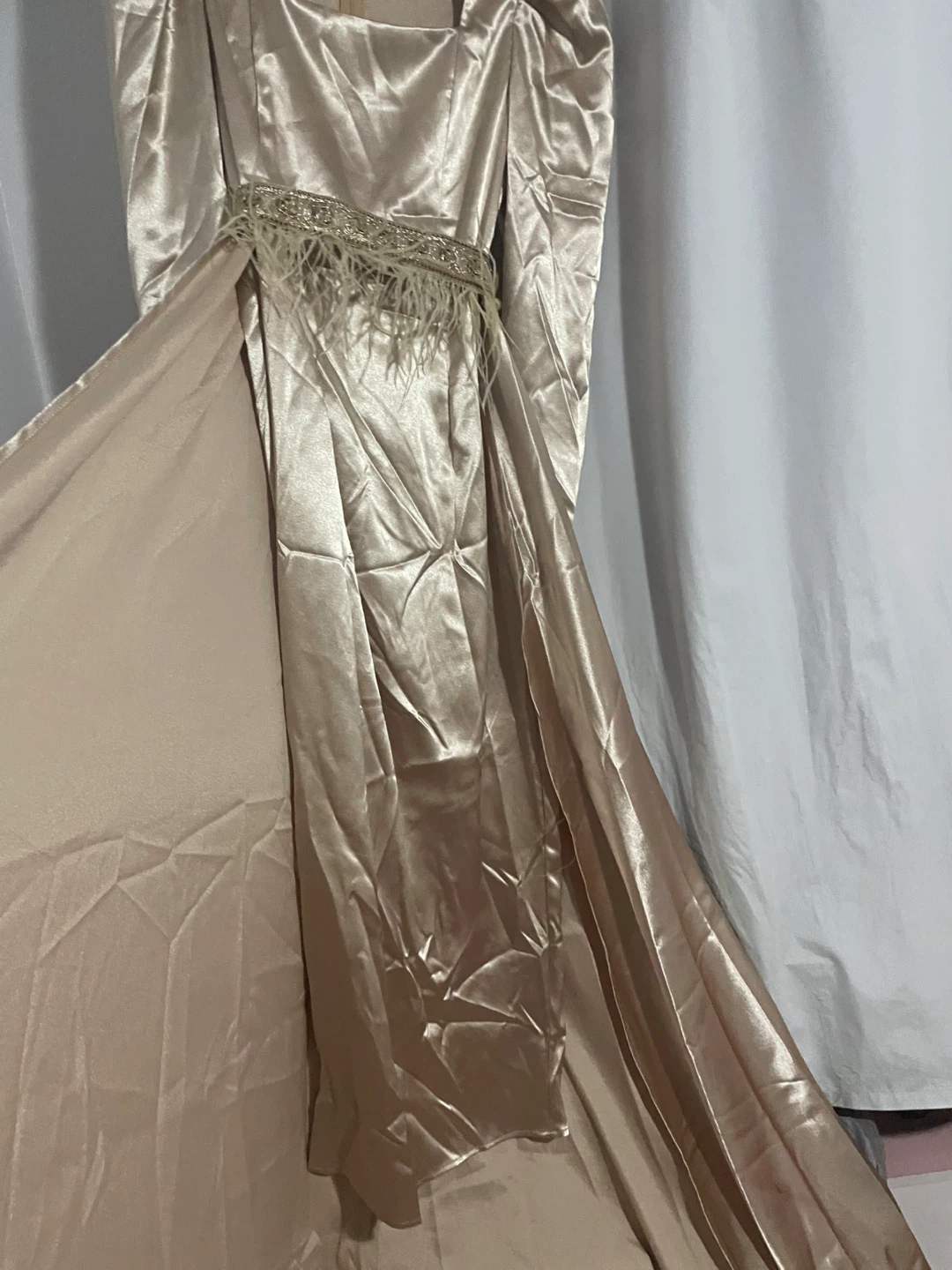 Champagne Satin Gown with Feather Belt - photo 2