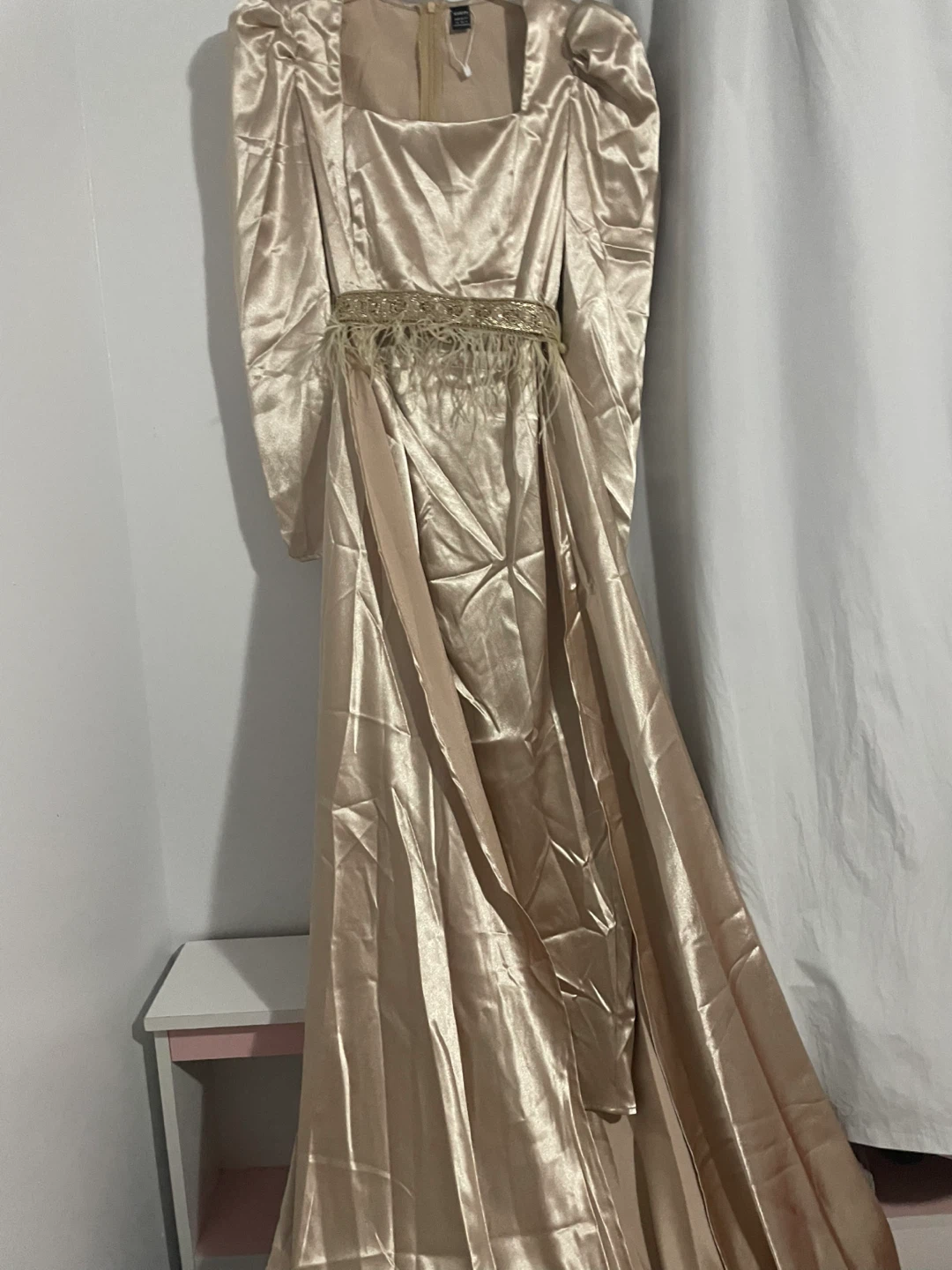 Champagne Satin Gown with Feather Belt