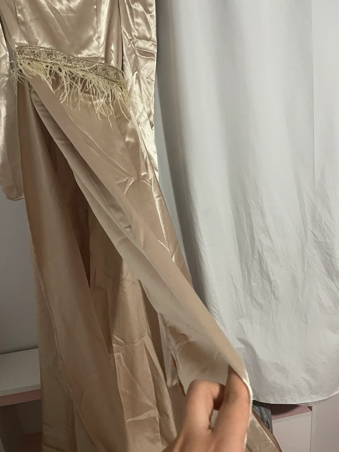 Champagne Satin Gown with Feather Belt - photo 4