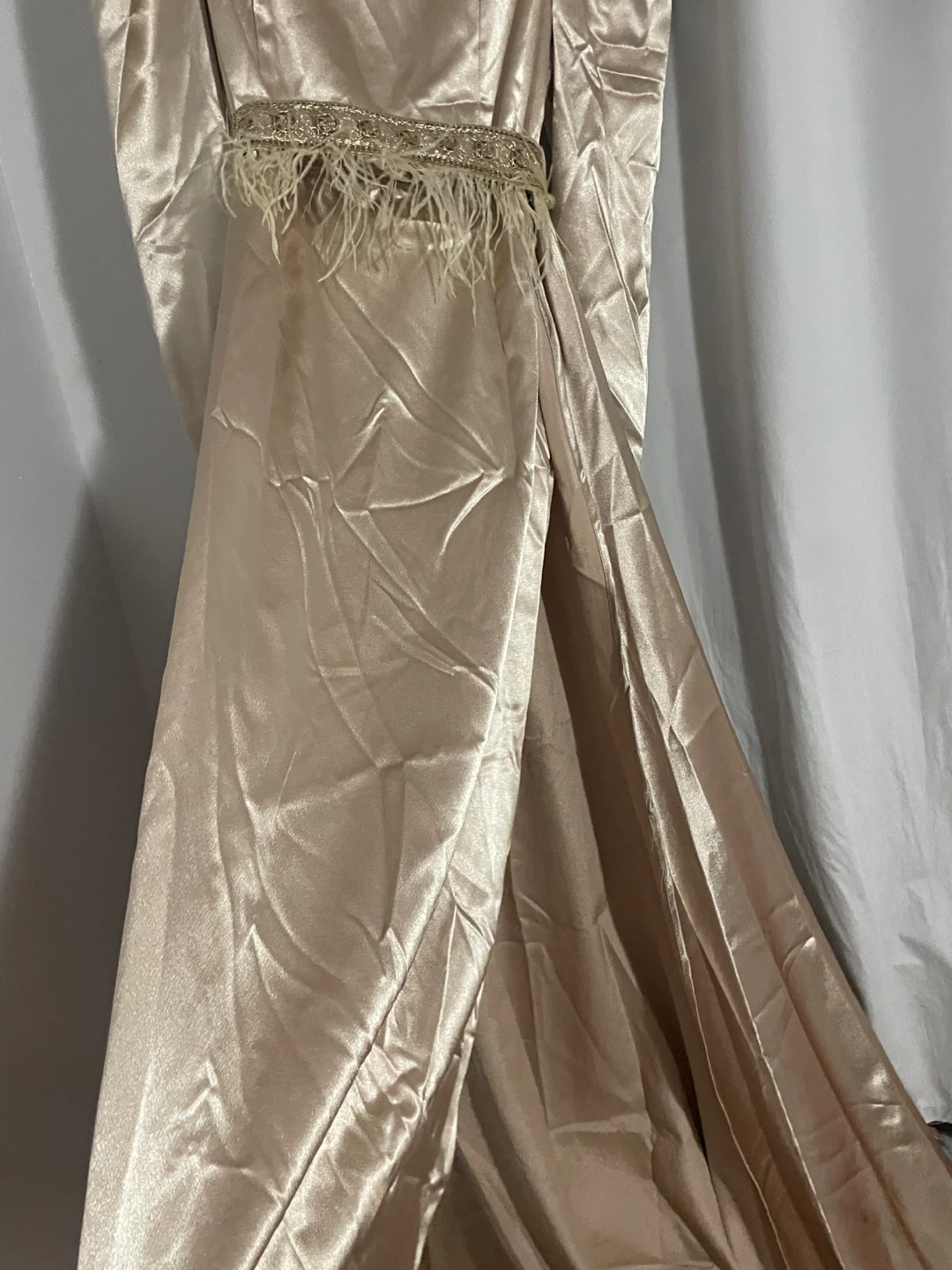 Champagne Satin Gown with Feather Belt - photo 5