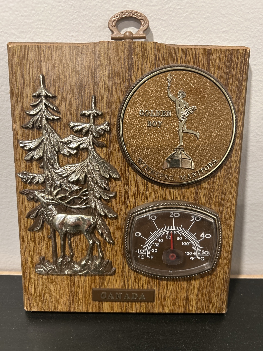 Vintage "Golden Boy" Winnipeg Thermometer Wall Plaque