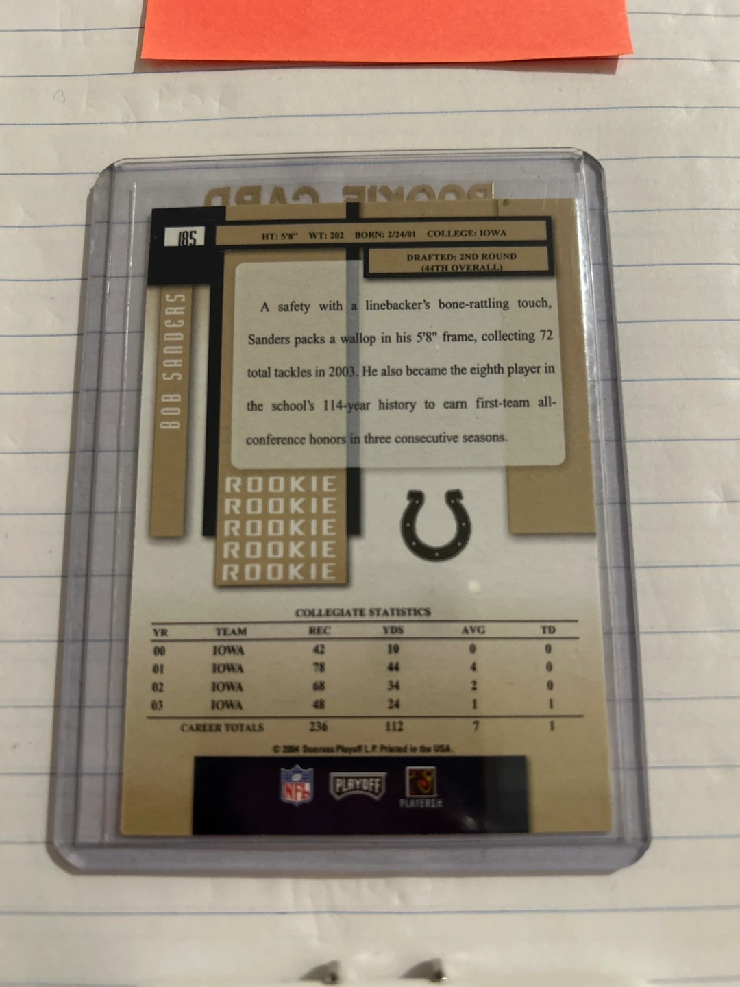 2004 Playoff Bob Sanders Rookie Football Card - photo 2